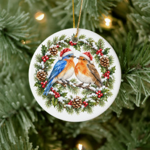 Rustic Christmas Lovebirds Wreath Custom Back Ceramic Tree Decoration