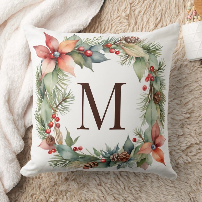 Rustic Christmas Monogram Holly Poinsettia Wreath Cushion (Blanket)