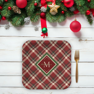Rustic Christmas Monogram Name Red Green Plaid Paper Plate