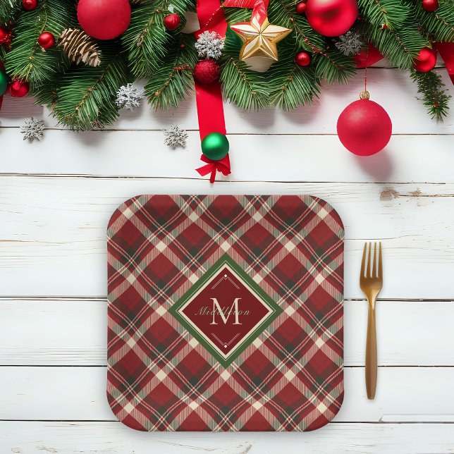 Rustic Christmas Monogram Name Red Green Plaid Paper Plate (Festive red and green tartan Christmas plates personalized with your monogram and name.)