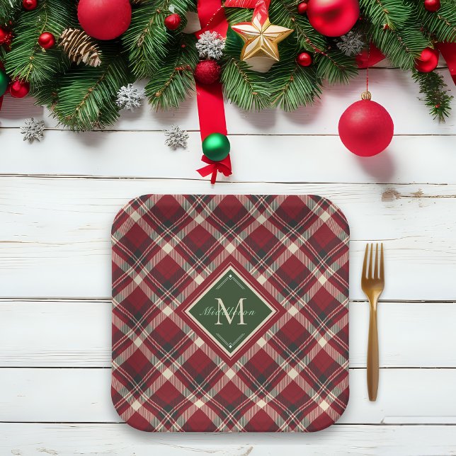 Rustic Christmas Monogram Name Red Green Plaid Paper Plate (Festive red and green tartan Christmas plates personalized with your monogram and name.)