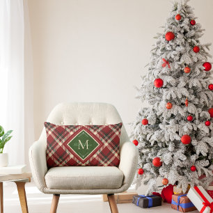 Rustic Christmas Monogram Red Green Plaid Lumbar Cushion