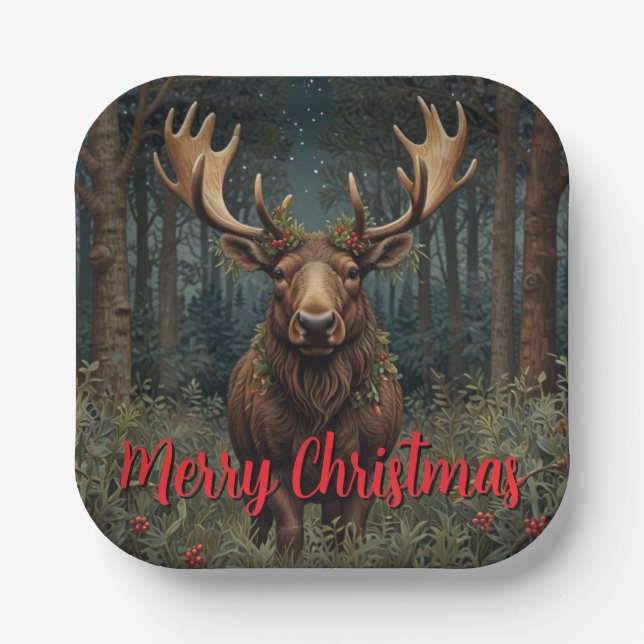 Rustic Christmas moose deer boho woodland forest  Paper Plate (Front)