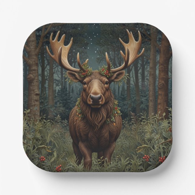 Rustic Christmas moose deer boho woodland forest  Paper Plate (Front)