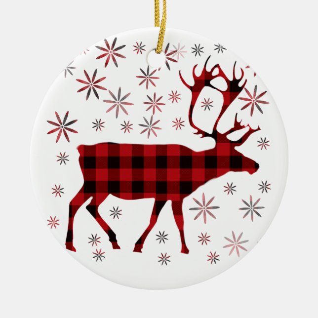 Rustic Christmas Moose deer elk red black plaid  Ceramic Tree Decoration (Front)