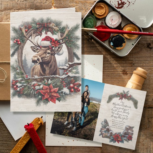 Rustic Christmas Moose Pine Wreath Family Photo Thank You Card (Creator Uploaded)