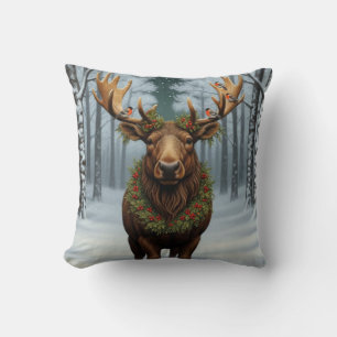 Rustic Christmas moose winter woodland forest Cushion