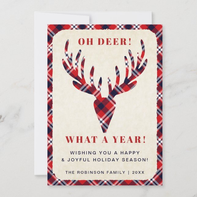 Rustic Christmas Oh Deer What a Year Tartan Plaid Holiday Card (Front)