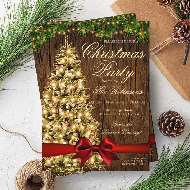 Rustic Christmas Party | Xmas Tree Lights & Ribbon Invitation (Rustic Christmas Party | Xmas Tree Lights & Ribbon Invitation)