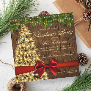 Rustic Christmas Party Xmas Tree & Red Ribbon Invitation