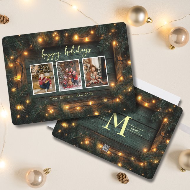Rustic Christmas Photo Collage Pine Garland Lights Holiday Card (Creator Uploaded)