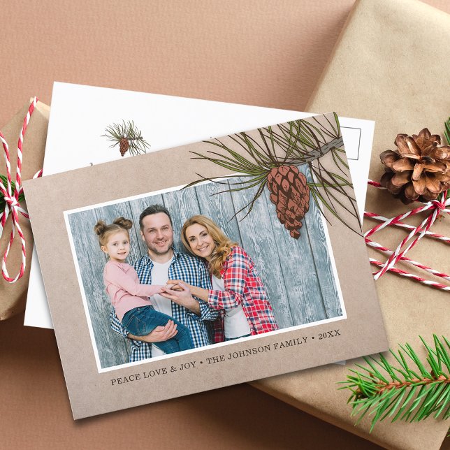 Rustic Christmas Photo Pinecone Brown Kraft Paper Holiday Postcard (Rustic Christmas Photo Pinecone Brown Kraft Paper Holiday Postcard)