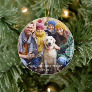 Rustic Christmas  Photo Red Snowflakes Back Ceramic Tree Decoration