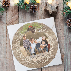 Rustic Christmas Pine Branch, Peace, Love & Joy Holiday Card