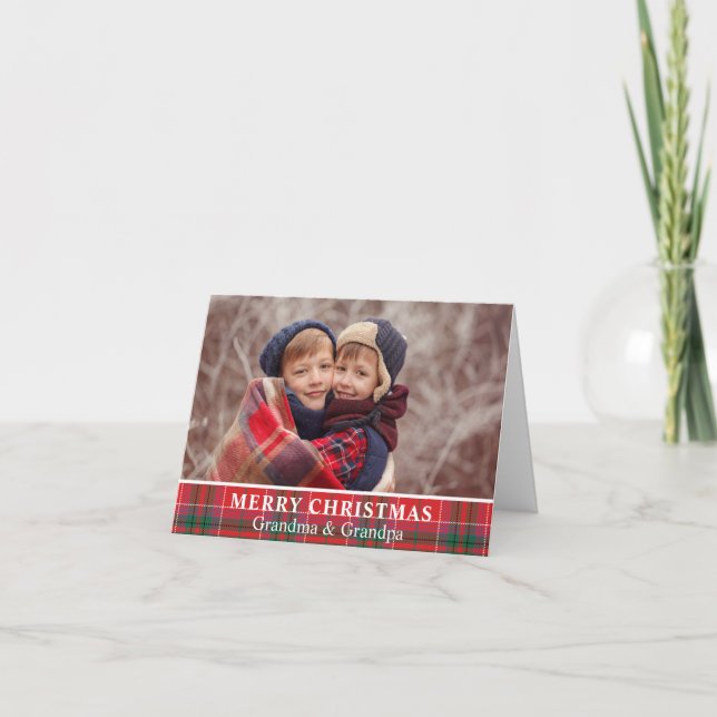Rustic Christmas Plaid Grandparents Photo Holiday Card (Front)