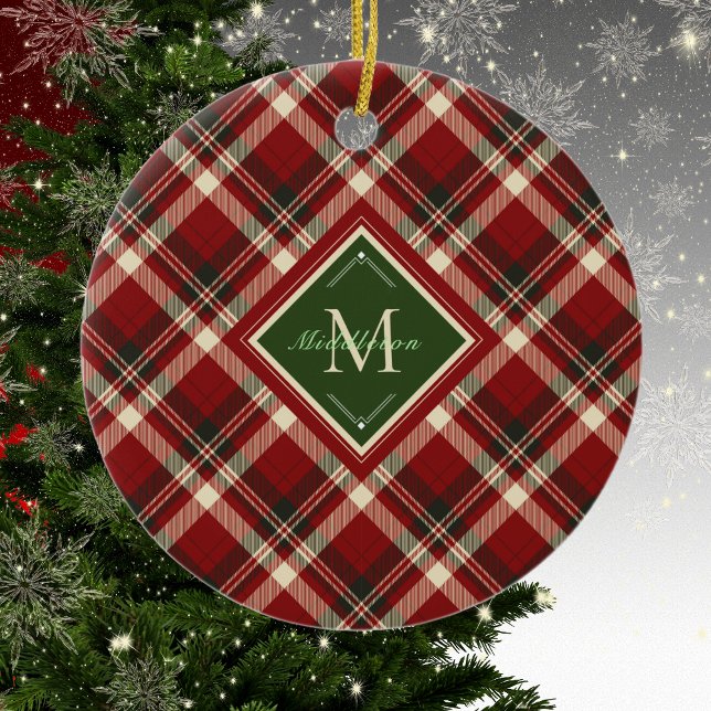 Rustic Christmas Plaid Green Monogram Name Holiday Ceramic Tree Decoration (Creator Uploaded)