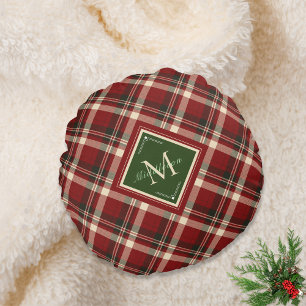 Rustic Christmas Plaid Green Monogram Name Holiday Round Cushion