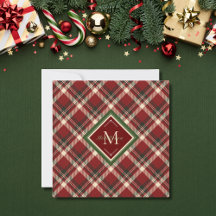 Rustic Christmas Plaid Red Monogram Flat Card 