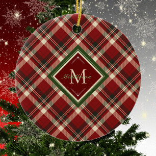 Rustic Christmas Plaid Red Monogram Name Holiday Ceramic Tree Decoration