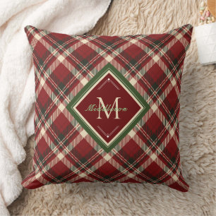 Rustic Christmas Plaid Red Monogram Name Holiday Cushion
