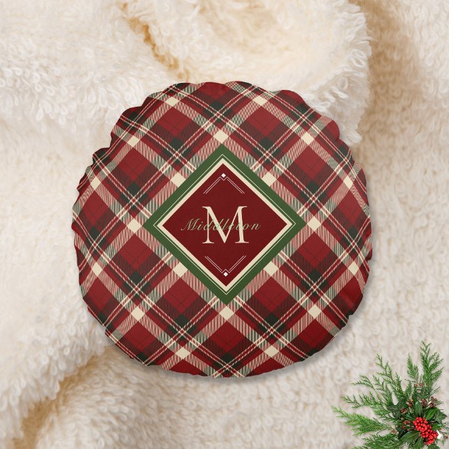 Rustic Christmas Plaid Red Monogram Name Holiday Round Cushion (Creator Uploaded)