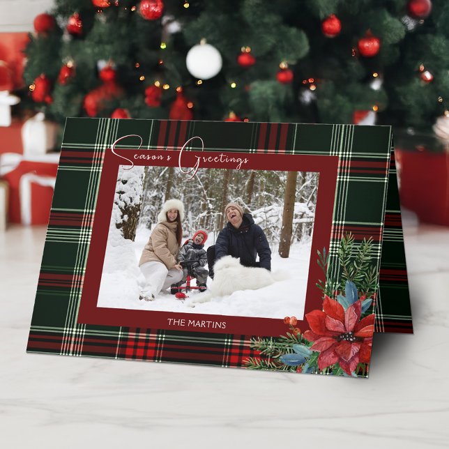 Rustic Christmas Plaid w/Poinsettia & Pine Photo Holiday Card (Creator Uploaded)
