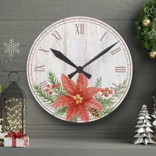 Rustic Christmas Poinsettia Botanical Round Clock