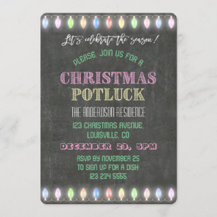 Rustic Christmas Potluck Chalkboard String Lights Invitation