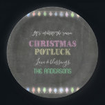 Rustic Christmas Potluck Chalkboard String Lights Paper Plate<br><div class="desc">Rustic Christmas Potluck Chalkboard String Lights. A colourful and joyful design to invite your friend to celebrate the season! Use Customise tool to add your info,  make changes. For matching items,  please,  visit my Christmas Potluck Collection.</div>