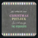 Rustic Christmas Potluck Chalkboard String Lights Square Sticker<br><div class="desc">Rustic Christmas Potluck Chalkboard String Lights. A colourful and joyful design to invite your friend to celebrate the season! Use Customise tool to add your info,  make changes. For matching items,  please,  visit my Christmas Potluck Collection.</div>