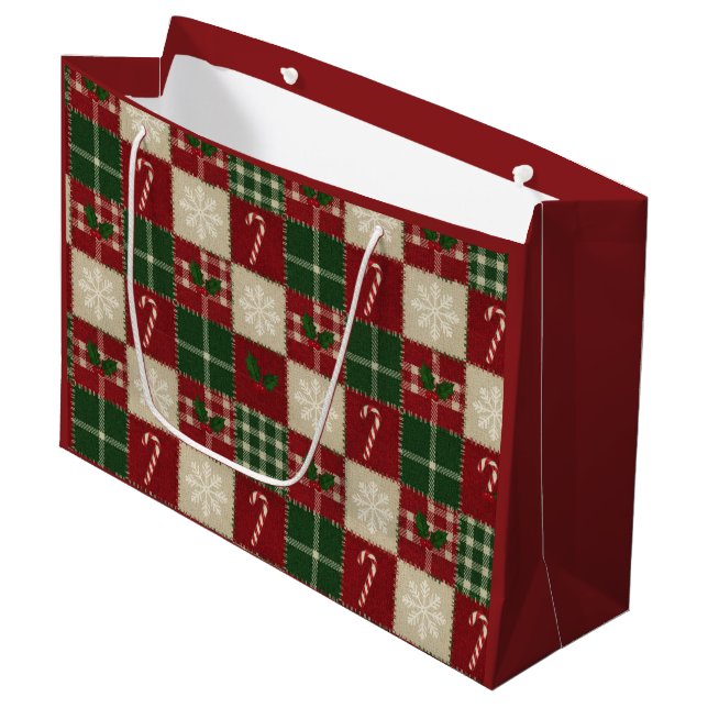 Rustic Christmas Quilt Plaid Large Gift Bag (Front Angled)