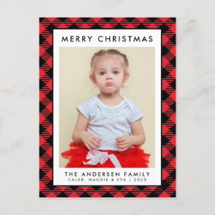 Rustic Christmas Red Buffalo Plaid Photo Holiday  Postcard