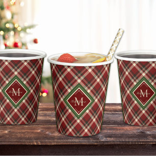 Rustic Christmas Red Green Plaid Simple Monogram Paper Cups