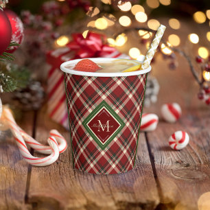 Rustic Christmas Red Green Plaid Simple Monogram  Paper Cups