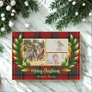 Rustic Christmas Red Green Rustic 3 Photo  Holiday Card