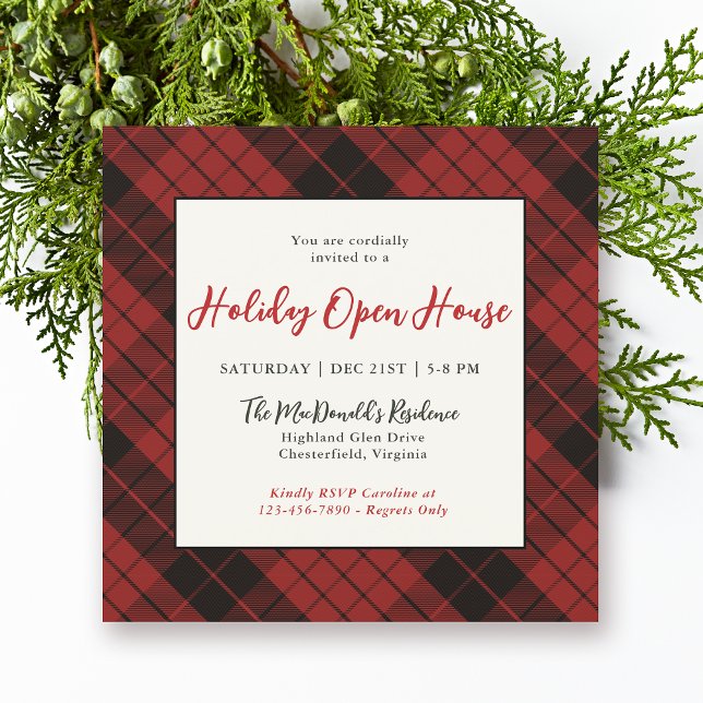 Rustic Christmas Red Plaid Holiday Open House Invitation (Available in both printed and instant download digital formats.)