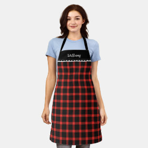Rustic Christmas Red Plaid Monogram Apron