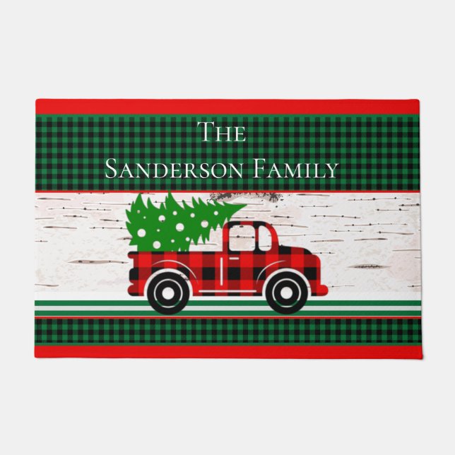 Rustic Christmas Red Truck Green Buffalo Plaid Doormat (Front)