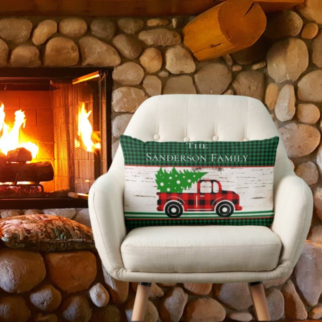 Rustic Christmas Red Truck Green Buffalo Plaid Lumbar Cushion (Creator Uploaded)