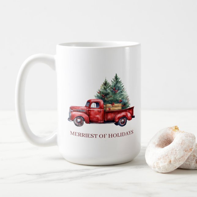 Rustic Christmas Red Truck Merriest of Holidays Coffee Mug (With Donut)