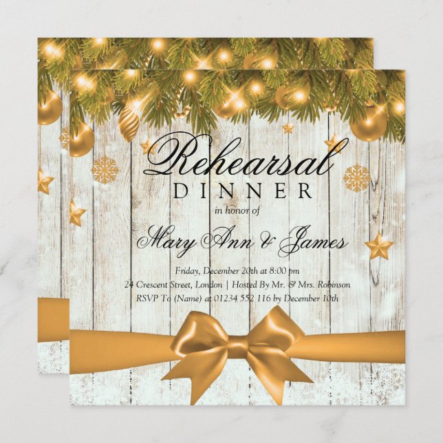 Rustic Christmas Rehearsal Dinner Gold Decor Invitation (Front/Back)