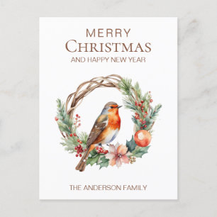 Rustic Christmas Robin Country Botanical Wreath Postcard