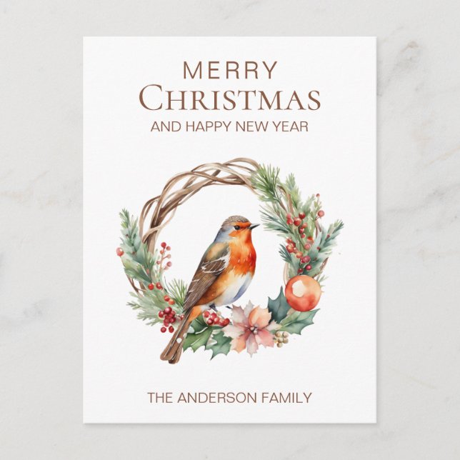 Rustic Christmas Robin Country Botanical Wreath Postcard (Front)