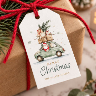 Rustic Christmas Santa Car Watercolor Gift Tags