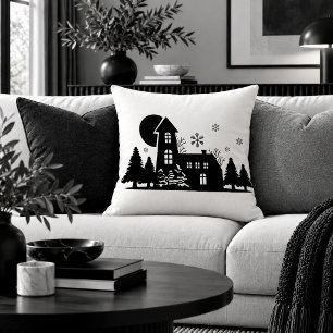 Rustic Christmas Scene Black White Minimalist Thro Cushion