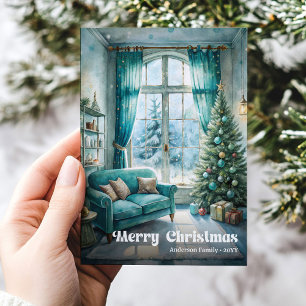 Rustic Christmas scene card festive red green tone