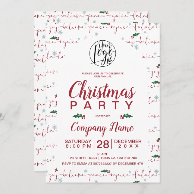 Rustic Christmas script corporate party red green Invitation (Front/Back)