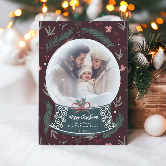 Rustic Christmas snow globe floral family photo Holiday Card (Rustic Christmas snow globe floral family photo Holiday Card on red)