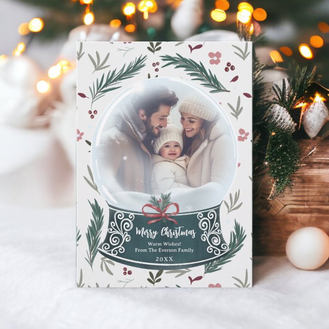 Rustic Christmas snow globe floral family photo Holiday Card (Rustic Christmas snow globe floral family photo Holiday Card on off white)