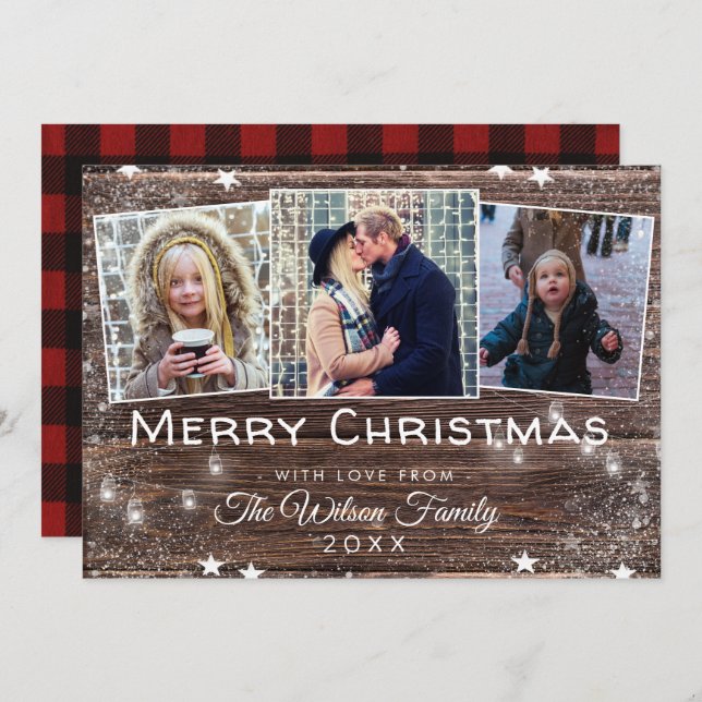Rustic Christmas String Lights Snow Photo Collage Invitation (Front/Back)
